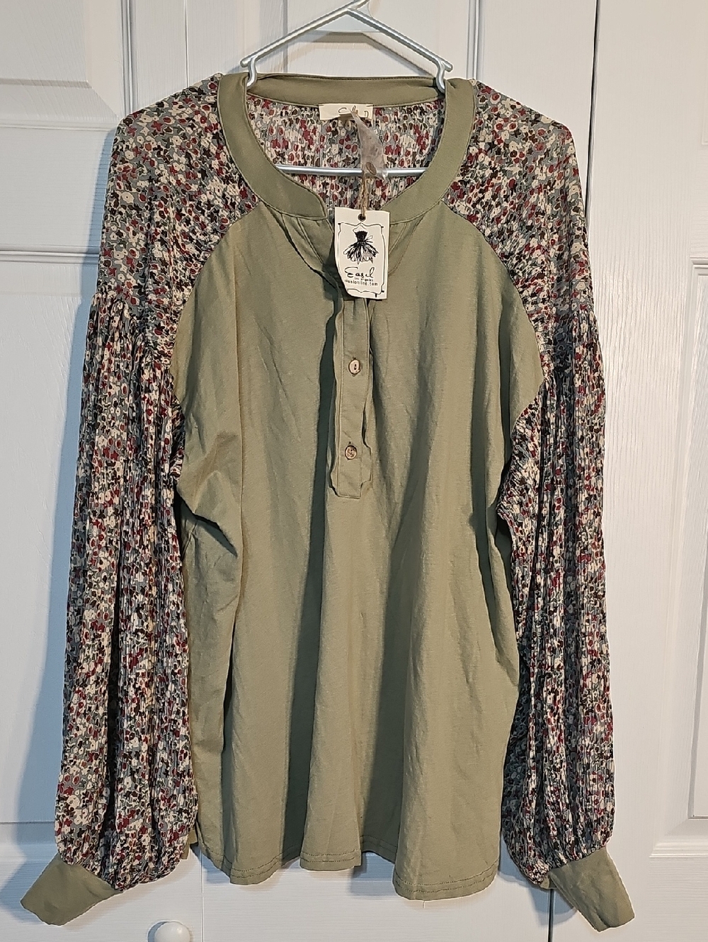 easel Olive Green Henley Top with Floral Balloon Sleeves